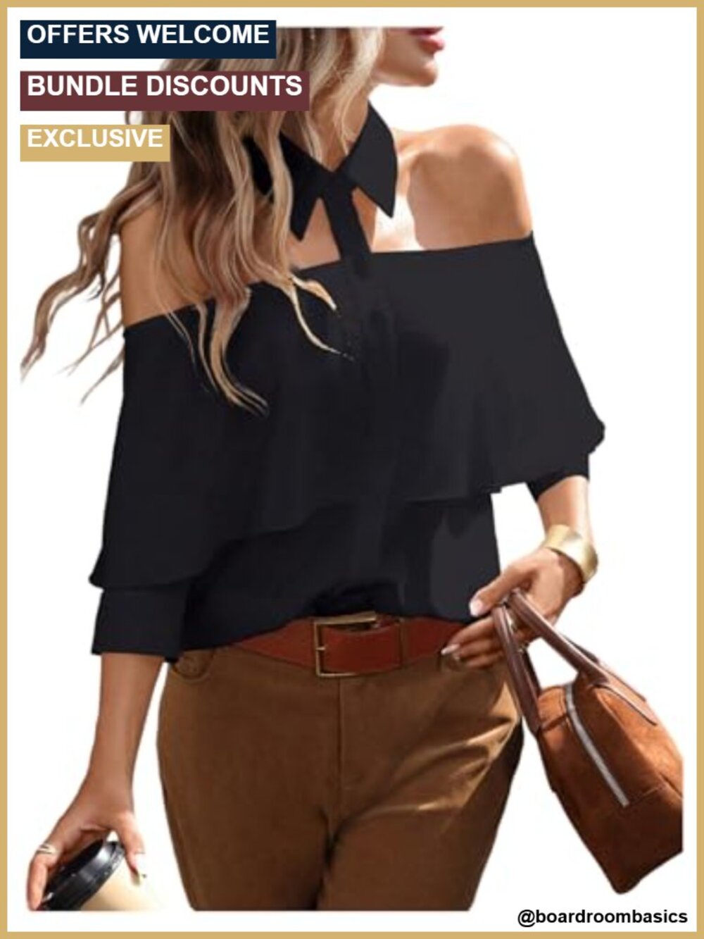 Off The Shoulder Button Down Shirt 3/4 Sleeve Collar Neck Solid
